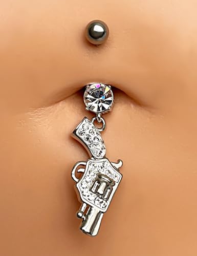 Belly Button Ring Dangle, Cross Belly Button Ring, Navel Piercing | 316L Surgical Steel, AAA+ Cubic Zirconia, Nickel-Free, Hypoallergenic, Multi-Style, 14 Gauge 10 mm Screw On Piercing Stud - style: Gun