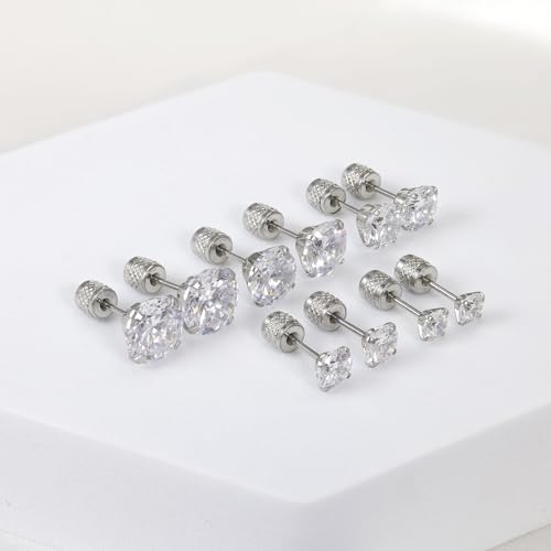 5-6 pairs Push-in Flat Back Stud Earrings Hypoallergenic Surgical Stainless Steel Cubic Zirconia Earrings Studs Set Multi-Pack, CZ Stud Earrings for Women Men Trendy Cartilage Stud Earrings 2-8mm - color: Silver-4/5/6/7/8/mm