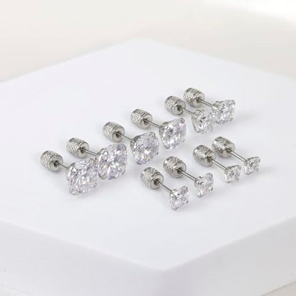 5-6 pairs Push-in Flat Back Stud Earrings Hypoallergenic Surgical Stainless Steel Cubic Zirconia Earrings Studs Set Multi-Pack, CZ Stud Earrings for Women Men Trendy Cartilage Stud Earrings 2-8mm - color: Silver-4/5/6/7/8/mm