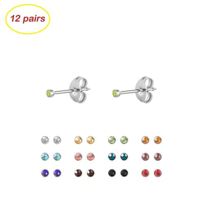 12 Pairs Ear Piercing Stud Earrings for Ear Piercing Guns, Surgical Stainless Steel Multicolor Round Heart Star Cubic Zirconia Birthstone Stud Earrings Set - style: Silver round 2mm