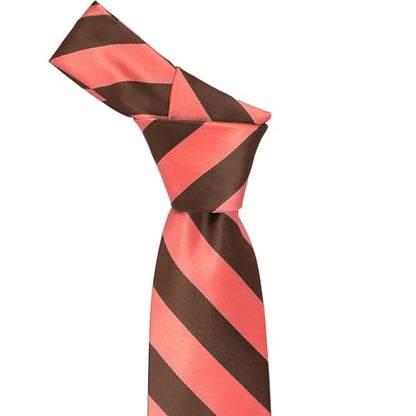 tiemart Men's Striped Tie Standard Length - color: Bright Coral and Brown