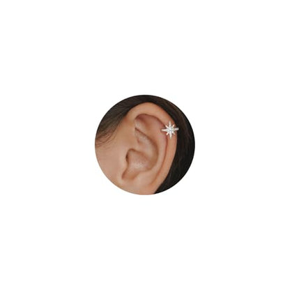 Star 14K Gold Plated Ear Cuff Earrings for Women Non Piercing, Dainty Silver Plated Clip on Cartilage Ear Cuff Non Pierced Trendy CZ Northstar Starburst Sparkling Climber Clawer Earring Jewelry - style: Starburst-Silver