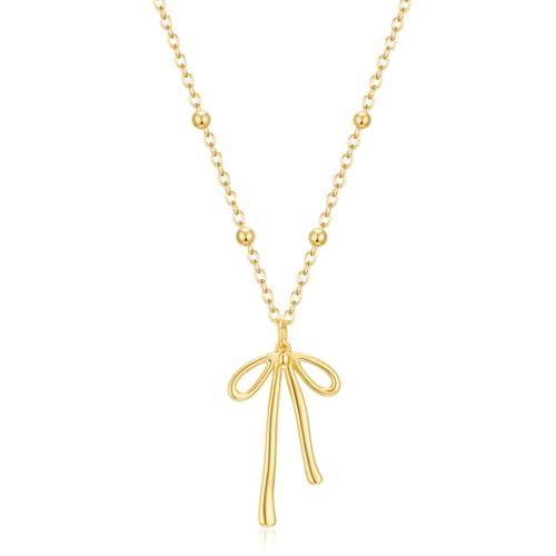 Thaivor Necklace for Women Dainty Bow Necklace 14K Gold Plated Cute Choker Small Pendant Charm Necklaces Teen Gift Trendy Stuff Personalized Jewelry Gifts - color: Gold-Bead-5