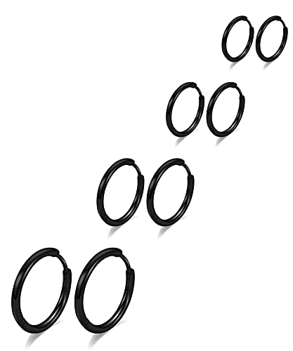 316L Surgical Stainless Steel Hoop Earrings,Mens Hoops Earrings Gold Silver Black Hypoallergenic,6mm 8mm 10mm 12mm Small Huggie Hoop Earrings Men Women for Cartilage Piercings - style: 6/8/10/12mm Black,4 Pairs