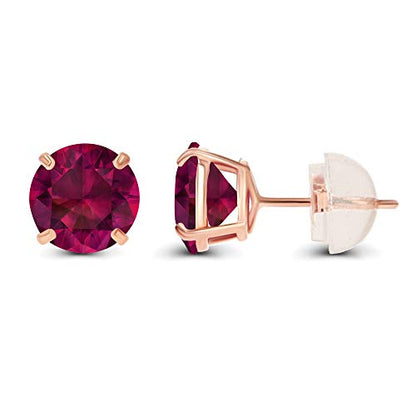 Solid 14K Yellow or White or Rose Gold 6mm Round Genuine Birthstone Gemstone Prong Set Stud Earrings For Women - color: Ruby Created