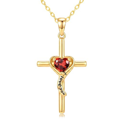 14K Gold Cross Necklace for Women Dainty Birthstone Pendant | Heart I Love You Romantic Jewelry Anniversary Christian Religious Baptism Birthday Gifts with 18"+2" Adjustable Chain - color: 14K Gold-01-Jan Birthstone