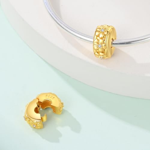 925 Sterling Silver Stopper Clip Charms for Bracelet Necklace Spacer Beads with 5A Cubic Zirconia Mother's Day Christmas DIY Gift for Women(2PCS) - style: Gold Flower Fixing Clip