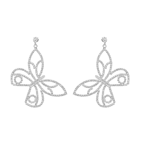 Rhinestone Earrings Dangling for Women Sparkly Silver Dangle Earrings Girls Long Chandelier Earrings Tassel Lightweight Ear Studs Cubic Zirconia (KE001S-W) - color: Bow Butterfly 516305S-W