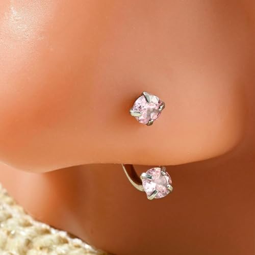 18G 20G Horseshoe Nose Rings Studs,Surgical Steel Nose Ring Pink Cubic Zirconia Nose Piercing,Internally Threaded Nose Rings For Women,Pink and Silver Zirconia - color: 18G-Silver-Round