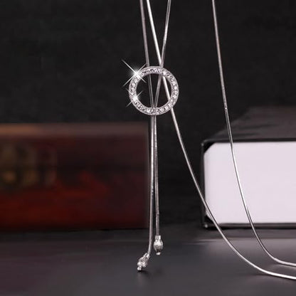 Long Sweater Necklace for Women, Silver Tone Crystal Circle Pendant, Elegant Snake Chain Fashion Jewelry for Dress & Top