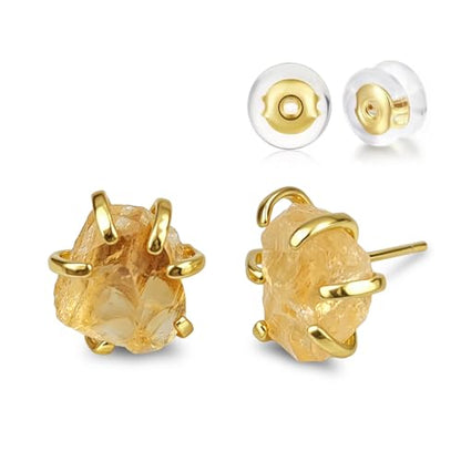 Crystal Earrings, Natural Raw Citrine Prong Setting Stud Earrings for Women, Handmade Gold Plated November Birthstone Earrings