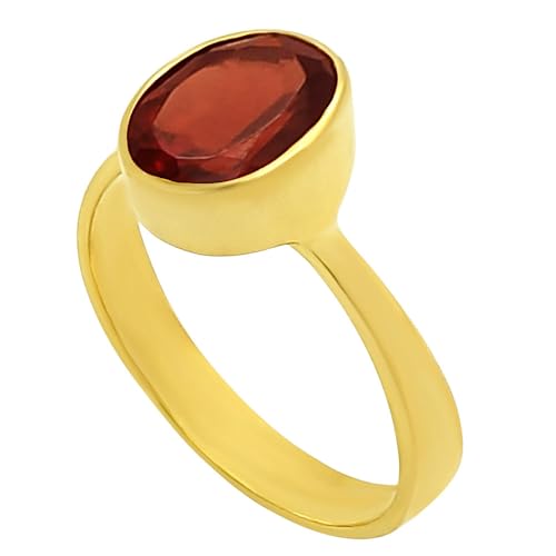 18K Gold Filled Non-Tarnish Ring for Women – Oval Multi Gemstone Solitaire Band – Classic Birthstone Jewelry for Everyday Wear - color: Hessonite Garnet