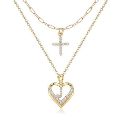 14K Gold Plated Layering Necklaces,Heart Initial Layered Necklace Cross Pendant Necklace Charm Personalized Stackable Jewelry Gift for Her - style: J