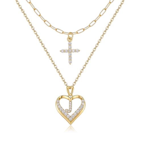 14K Gold Plated Layering Necklaces,Heart Initial Layered Necklace Cross Pendant Necklace Charm Personalized Stackable Jewelry Gift for Her - style: J