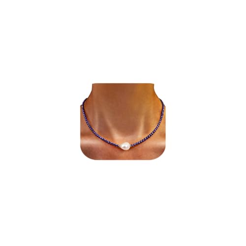 Single Pearl Choker Pendant Necklaces for Women, Natural Gemstone Womens Black Stone Beaded Choker Necklace, Dainty Round Freshwater Pearl Handmade Jewelry Gift Women Birthday Bridesmaids Anniversary 16 18 inch - color: 06-Lapis Lazuli, size: 16"