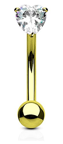 Forbidden Body Jewelry 16g 8mm Surgical Steel 3mm CZ Heart Top Barbell for Daith, Eyebrow and Rook Piercing - color: Gold Tone/Clear CZ