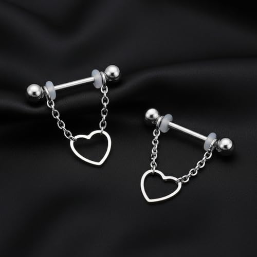 14G 2Pcs Heart Nipple Rings with Chain 316L Stainless Steel Nipple Barbells Nipple Piercing Jewelry for Women Men