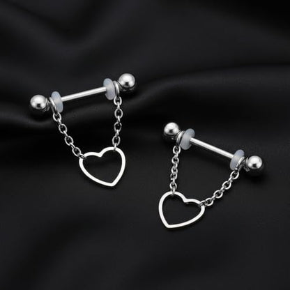 14G 2Pcs Heart Nipple Rings with Chain 316L Stainless Steel Nipple Barbells Nipple Piercing Jewelry for Women Men