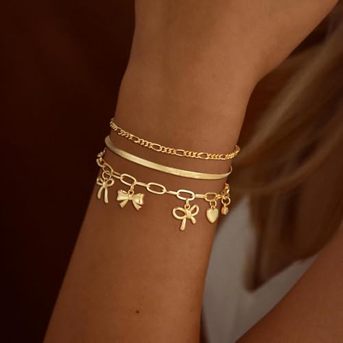 3PCS Charm Gold Bracelets for Women Non Tarnish,14k Plated Gold Bracelet Stack Cute Dainty Stackable Trendy Bow Cross Clover Bracelets Set Tarnish Free Gold Jewelry for Women Gifts - color: Bow-Gold