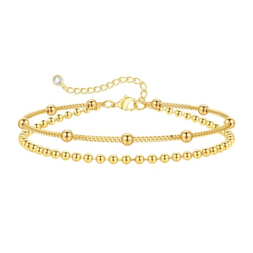 Gold Bracelets for Women Trendy Layered Dainty Bracelet | Minimalist Stack Bead Chain Gold Plated Stainless Steel Bracelets Fashion Waterproof Jewelry Gift for Women Mother's Day