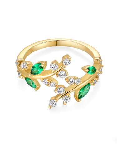 Silver Leaf Ring for Women 925 Sterling Silver Yellow Gold Plated CZ Inlaid Marquise Sapphire/Ruby/Emerald Cocktail Rings Size 6 to 10 - color: Emerald - Gold