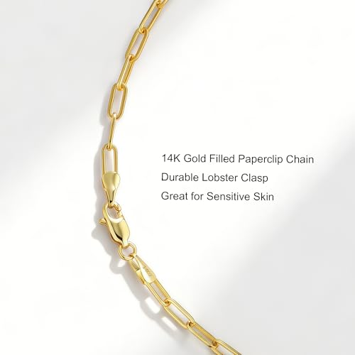 14K Gold Paperclip Bracelet for Women Men, 3-5mm Link Chain | Polished rectangular links with 14K gold, lightweight, hypoallergenic and non-tarnishing, 6.5-8in for solo or stacking
