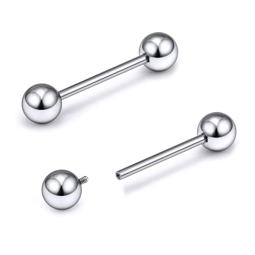 16G-2G ASTM F136 Titanium Internally Threaded Nipple Tongue Rings Piercing Jewelry Straight Industrial Earring Barbell G23 Titanium Nipple Tongue Bars Piercing Jewelry for Women Men 12MM-40MM - style: 14G, 14mm Length, 5mm Ball