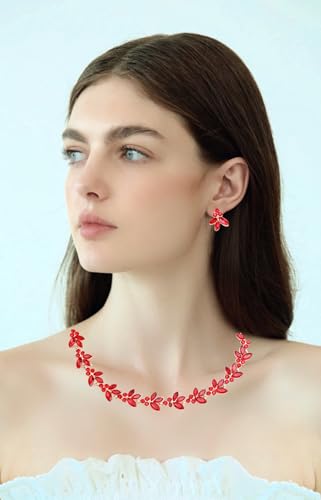 Bridal Wedding Crystal Leaf Choker Necklace Dangle Earring Bracelet Brides Bridesmaid Jewelry Set for Women - color: Siam-Gold Plated