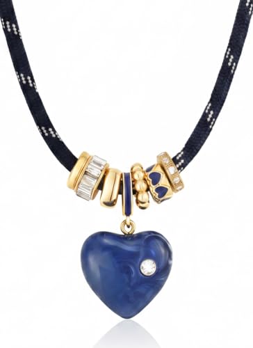 Statement Cord Rope Necklace - Chunky Blue Heart/Gold Shell/Pearl Charm Necklace, Natural Stone Zirconia Pendant Necklace for Women, Summer Beach Jewelry Vacation Holiday Birthday Gifts - color: Chunky Blue Heart