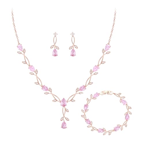 Crysdue Wedding Jewelry Set for Brides Bridesmaid, Cubic Zirconia Teardrop Marquise Leaf Cluster Pendant Necklace Bridal Tennis Bracelet Drop Earrings for Women Party Prom - style: A- CZ set-pink, rose gold