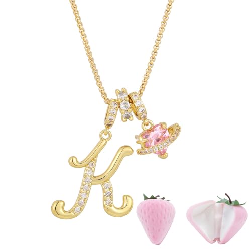 Initial Letter Necklace with Pink Heart Charm, Sparkling Zircon Alphabet Pendant in Gold or Silver Tone, Sweet Style Jewelry with Gift Box, Letter Chain for Daily Wear and Gift - color: Gold+Pink Box, size: #K