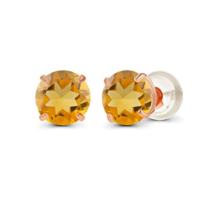 Solid 14K Yellow or White or Rose Gold 6mm Round Genuine Birthstone Gemstone Prong Set Stud Earrings For Women - color: Citrine
