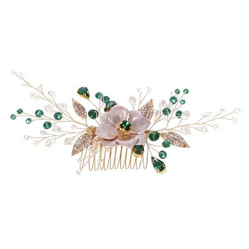 Flower Leaf Design Wedding Hair Comb, Metal Bridal Hair Accessory with Rhinestone, Wedding Prom Hair Clip Headpiece for Women (Gold Green Flower) - color: Gold Green Flower