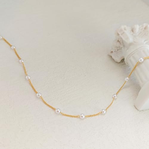 OGD Gold Pearl Necklace Set for Women 14K Plated Layered Daisy Choker Gift - color: Satellite Pearl - Gold