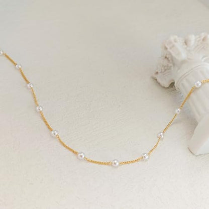 OGD Gold Pearl Necklace Set for Women 14K Plated Layered Daisy Choker Gift - color: Satellite Pearl - Gold