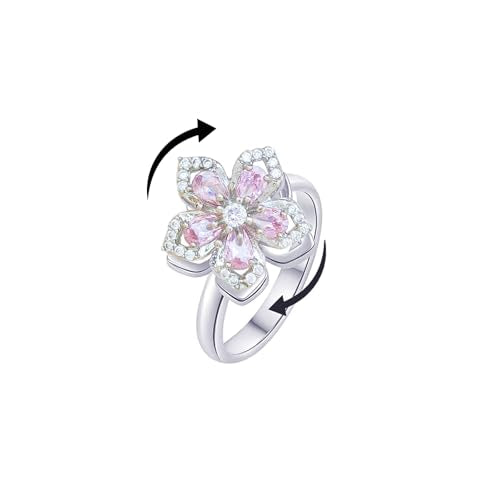 Sunflower Fidget Ring for Women Gold Anxiety Crystal Rings Cubic Zirconia Sunflower Open Adjustable Fidget Ring Spinner Sun Ring for Men Trendy Jewelry - color: Silver Pink