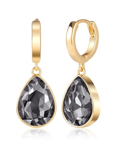 Crystals Teardrop Dangle Drop Earrings, 18K Gold Plated Hoop Earrings Zirconia Jewelry for Women Gifts - color: Grey