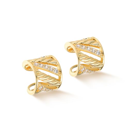 Women Ear Cuff Earrings Gold Non Pierced Cartilage Clip on Open Wrap Twist Hoop 14K Gold Plated Simple Hypoallergenic Everyday Jewelry - style: Rotating / Pair