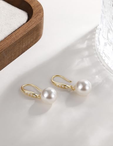 Mameloly Pearl Earrings for Women Leverback Dangle Trendy Simulated Pearl Drop Earrings 14K Gold Plated Sterling Silver 925 Cute Jewery for Women - color: 14K Gold Plated CZ