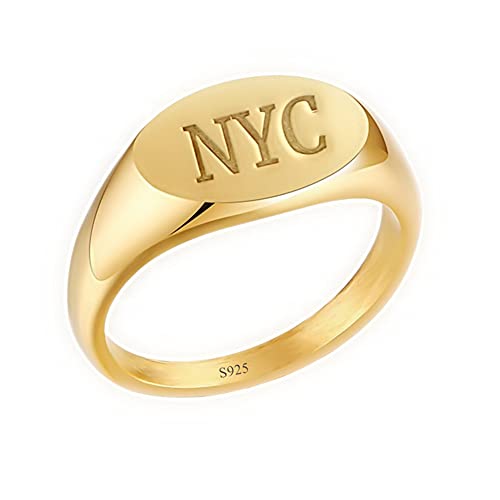 925 Sterling Silver Personalized Oval Design Signet Initial Ring Custom Made with 3 Letters - color: Gold