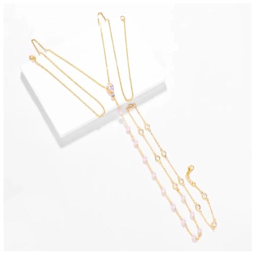 Rhinestone Back Necklace for Backless Dress - Bridal Wedding Pearl Backdrop Jewelry Crystal Long Body Chain Simple Waist Chain for Women - style: Gold