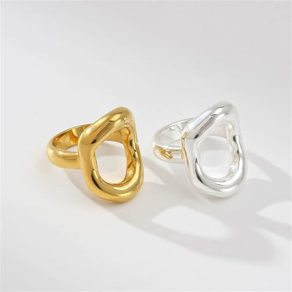 Kokoma Hollow Oval Shaped Chunky Statement Ring for Women Stainless Steel Irregular Thick Chunky Finger Band Stackable Rings Geometric Ring Minimalist Jewelry - color: Silver