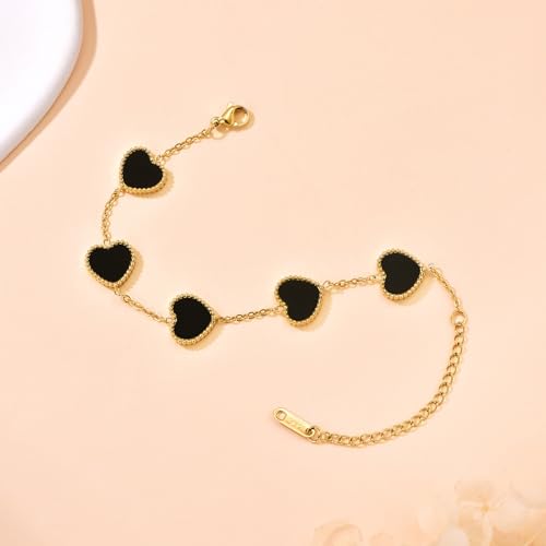 18K Gold Plated Five Heart Charm Bracelets for Women | Adjustable Love Bracelet Set Jewelry Gift-Hypoallergenic for Birthdays, Wellness & Daily Wear - color: 1#-Black