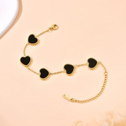 18K Gold Plated Five Heart Charm Bracelets for Women | Adjustable Love Bracelet Set Jewelry Gift-Hypoallergenic for Birthdays, Wellness & Daily Wear - color: 1#-Black