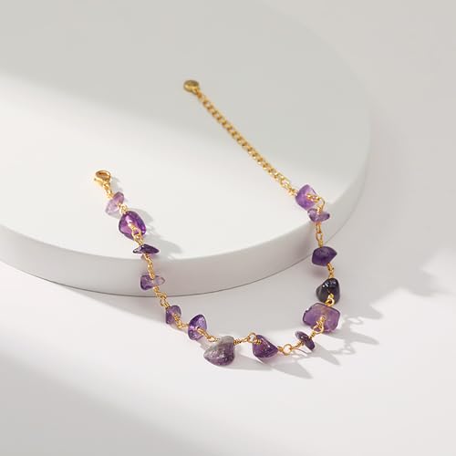 Dainty Gold Bracelets for Women, 18 Gold Plated Adjustable Evil Eye/Butterfly/Beaded/Pearl/Heart/Turquoise Handmade Bracelet for Women - style: Amethyst