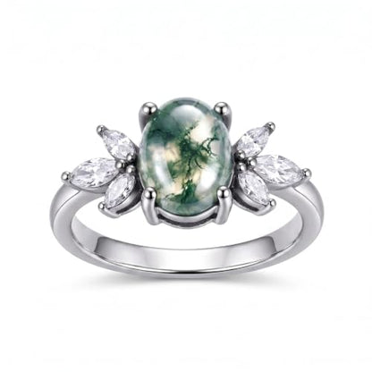 MRENITE Oval Floral Ring for Women S925 Sterling Silver Gemstone Ring for Her Anniversary Birthday Engagement Promise Jewelry Gift - color: Moss Agate