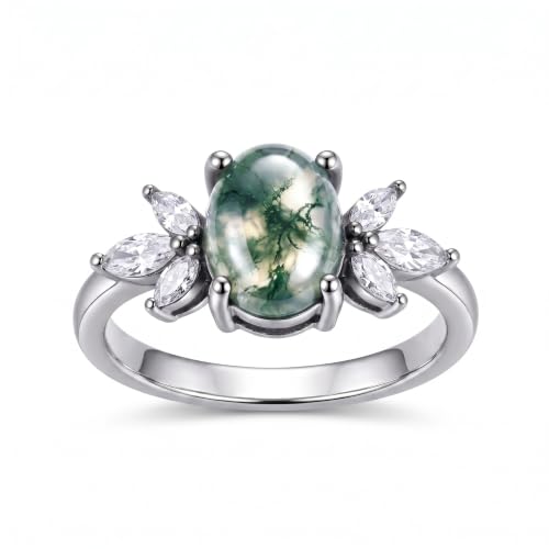MRENITE Oval Floral Ring for Women S925 Sterling Silver Gemstone Ring for Her Anniversary Birthday Engagement Promise Jewelry Gift - color: Moss Agate
