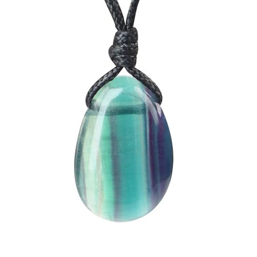 Natural Gemstone Pendant Necklace Healing Crystal Stone Choker Necklace Adjustable Waxed Black Rope for Men - color: Fluorite