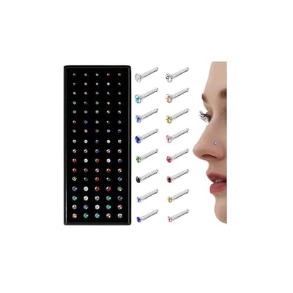 LOLIAS 80-160Pcs Surgical Steel Nose Rings Studs for Women Hypoallergenic | Straight or L Shaped Small Nose Studs Pin,Hypoallergenic 20G 22G Tiny Bone Nose Piercing Jewelry, 1.5/2/2.5/3 mm CZ Mix - color: 80Pcs 20G Straight（multicolor）