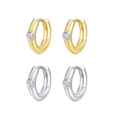 2 Pairs Gold/Silver Hoop Earrings For Women Set Trendy,14K Plated Gold Chunky Huggie Hoop Earings Pack,Oval Twisted Statement Silver Hoops,Fashion Jewelry Gift - color: B6 small chunky cz hoops set